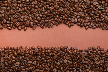 Coffee beans on brown background, flat lay and space for text. Decaffeinated drink