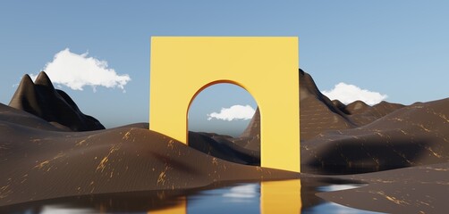 Fototapeta na wymiar Abstract Dune cliff sand with metallic Arches and clean blue sky. Surreal minimal Desert natural landscape background. Scene of Desert with glossy metallic arches geometric design. 3D Render.