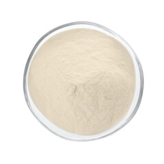 Bowl of agar-agar powder isolated on white, top view