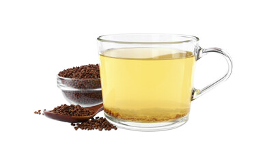 Cup of aromatic buckwheat tea and granules on white background