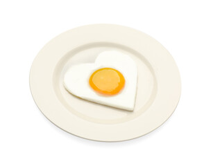 Plate with tasty fried egg in shape of heart and toast isolated on white
