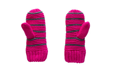 Pair of pink knitted winter mittens for children isolated on white background. Children winter clothes