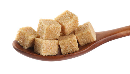 Brown sugar cubes in wooden spoon isolated on white, closeup
