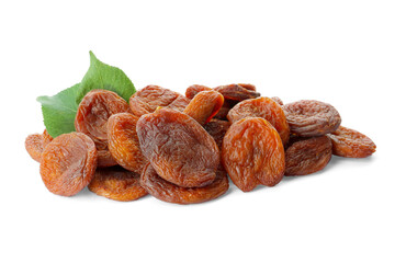 Tasty dried apricots and leaves on white background