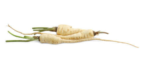 Tasty fresh ripe parsnips on white background
