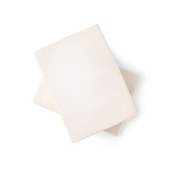 Blocks of compressed yeast on white background, top view