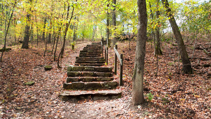 Devils Den State Park, Arkansas, stone stairway in a  forest in autumn - obrazy, fototapety, plakaty