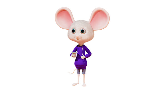 Kawaii mouse dressed in a sweater and shorts drinks from a cardboard glass and shows a thumbs up. Cartoon character holding a cup of coffee, on a transparent background. 3D Render.