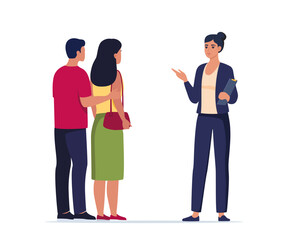 Fototapeta premium Seller Manager and Clients. Agent speaking with young couple. Man and woman in showroom. Couple is preparing to make a deal or purchase. Consultation, presentation, discussion. Vector Illustration.