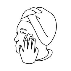 Vector doodle hand drawn illustration of a woman applying skincare treatment