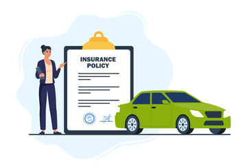 Car insurance concept. Woman insurance agent, insurance policy on clipboard and automobile. Vector illustration.