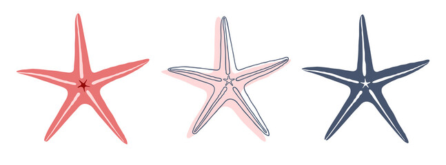 Sea stars. Three vector starfish: red, a line on a pink abstract spot and a silhouette. Vector illustration isolated on white background.
