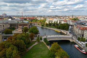Fototapeta na wymiar Berlin Germany aerial view of museum island, river and bridge from cathedral in downtown Mitte