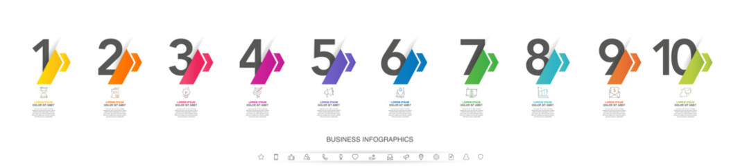 Vector timeline infographics with 10 steps, icons, flowchart, workflow and process infographic. Illustration template with arrows.
