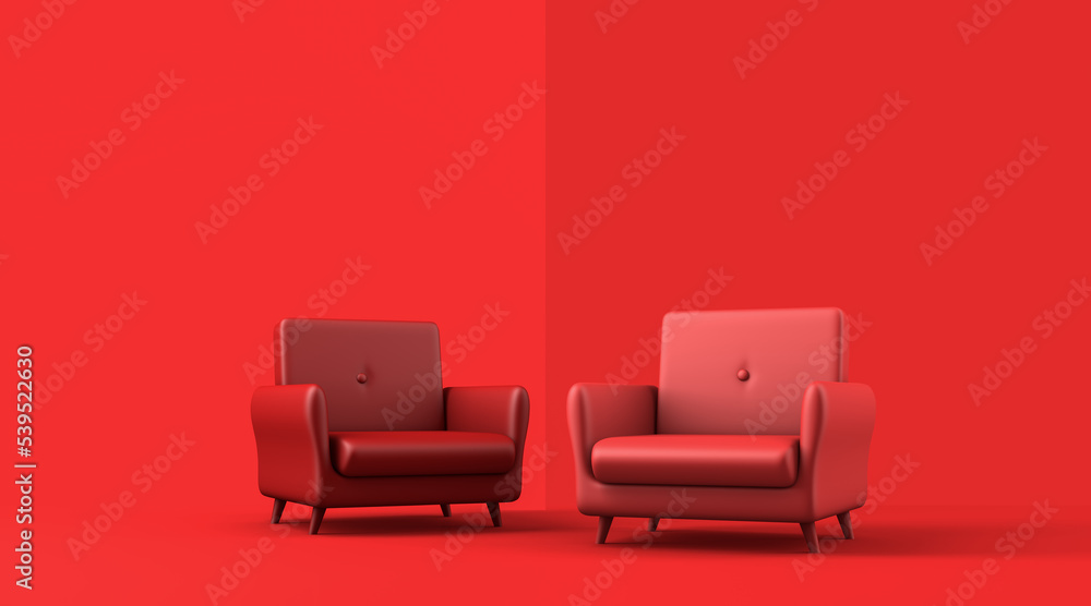 Poster realistic 2 red sofa mock up on red background, 3d rendering, red monochrome color.