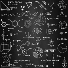 Math equations, chemistry and quantum physics research with geometrical figures on a black chalkboard at school