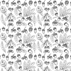Seamless Endless Pattern of Oak Leaves and Acorns. Green and Yellow. Autumn or Fall Harvest Collection. Realistic Hand Drawn High Quality Vector Illustration. Doodle Style.