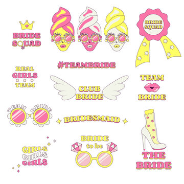 Set of Temporary Tattoo or Stickrs for Bridesmaids Club Bride Team Squad Hen Bachelorette Party Illustration in Groovy Style