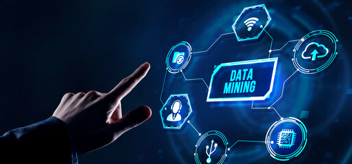 Internet, business, Technology and network concept. Data mining concept. Virtual button.