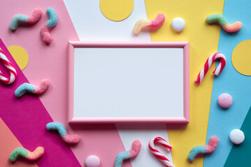 Blank pink white frame on layered colored paper. Assorted sweets, confectionery, chocolates and candy canes around empty frame. Copy-space, place for text. Flat lay, top view. Colorful greeting design