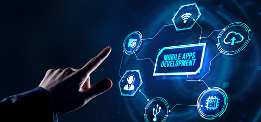 Internet, business, Technology and network concept. Inscription MOBILE APPS DEVELOPMENT on the virtual display. Cloud technology concept. Virtual button.