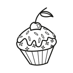 Yummy cupcake. Сupcake, muffin with cherry line icon. Confectionery. 
Coloring page delicious cupcake with cherry and cream. Black cupcake vector illustration on isolated white background
