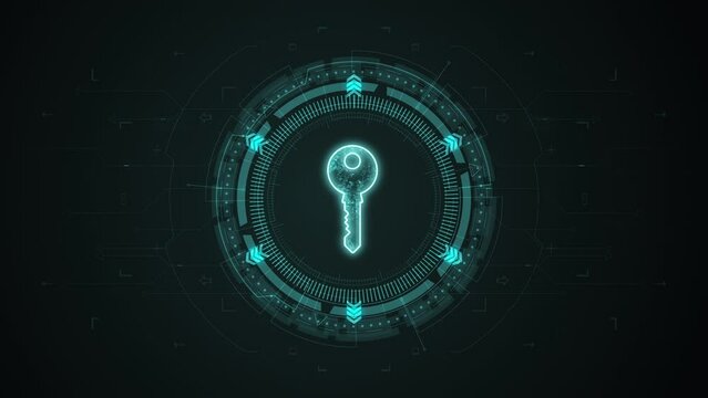 Motion graphic of Blue digital security key logo with rotation HUD UI circle technology interface and futuristic elements abstract background network secure concepts