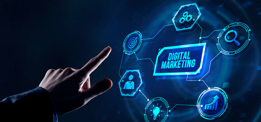 Internet, business, Technology and network concept. Digital Marketing content planning advertising strategy concept. Virtual button.