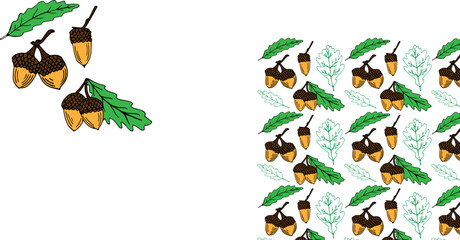 Dry oak leaves and acorns. Hand drawn seamless pattern. Autumn collection. Vector illustration.