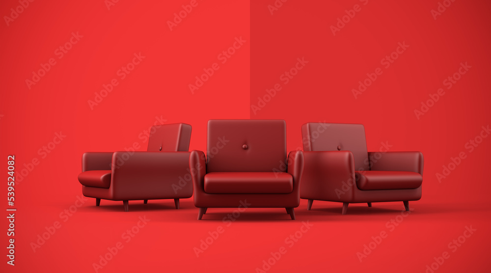Poster realistic 3 red sofa mock up on red background, 3d rendering, red monochrome color.