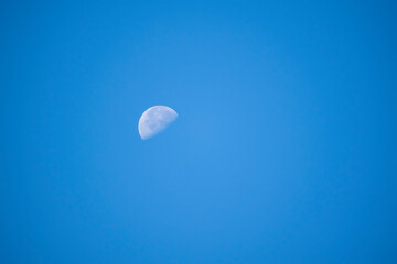 Close up of a half moon in daylight with bright blue sky