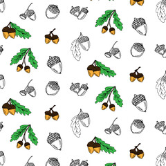 Dry oak leaves and acorns. Hand drawn seamless pattern. Autumn collection. Vector illustration.