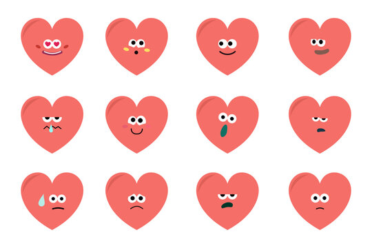 Set of cute heart characters with different emotions cartoon faces collection. vector illustration.