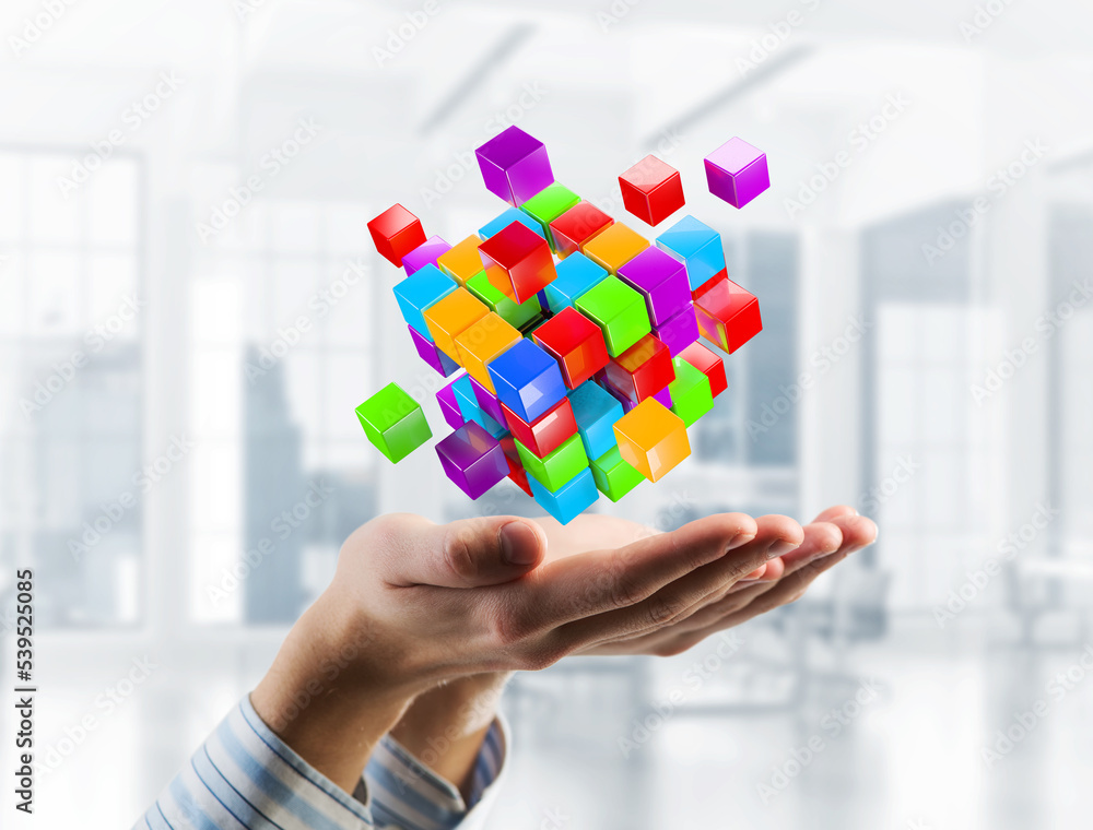 Poster concept of technology integration and innovation presented by cube figure. mixed media