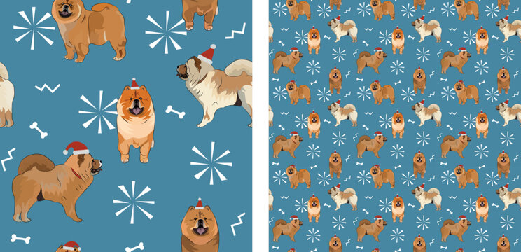 Seamless dog pattern, winter Christmas texture. Square format, t-shirt, poster, packaging, textile, socks, textile, fabric, decoration, wrapping paper. Trendy hand-drawn Chow Chow dog breed.