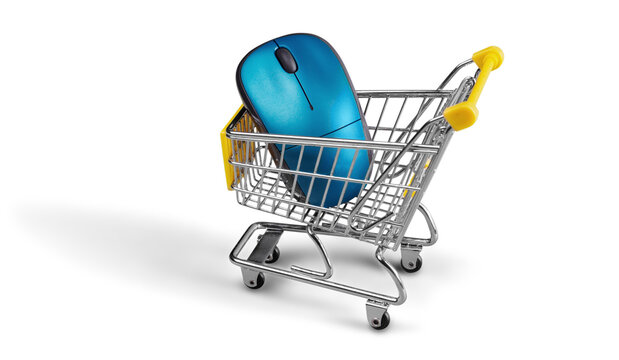 Shopping Cart with computer mouse isolated on the white background.