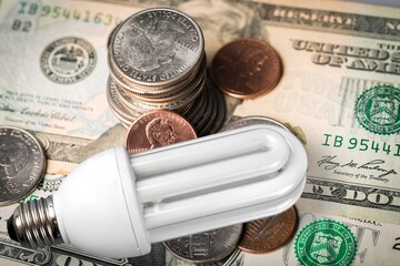Electricity glass lamp bulb on money currency.
