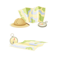 Expedition Map Depicting Geography and Route of Tourist Journey with Compass and Hat Vector Set