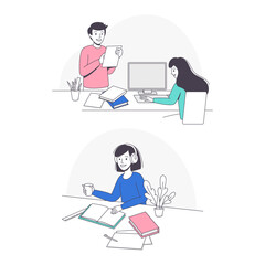 Teen Boy and Girl Doing Homework Sitting at Desk Studying with Book and Copybook Vector Set