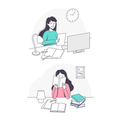 Smiling Schoolgirl Doing Homework Sitting at Desk Studying with Book and Copybook Vector Set