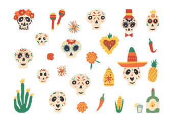Dia de Los Muertos vector clipart set. Sugar skulls in sombrero, flowers like Catrina Calavera, sacred heart, marigold.
