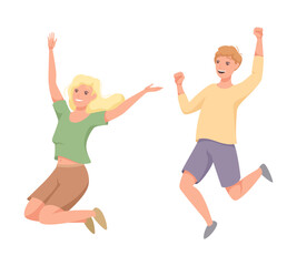 Happy Man and Woman Character Jumping with Raised Hands Vector Set