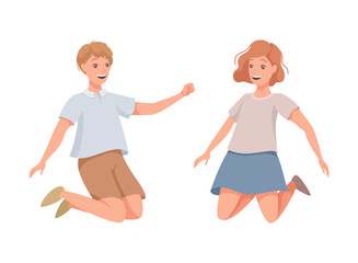 Happy Man and Woman Character Jumping with Raised Hands Vector Set