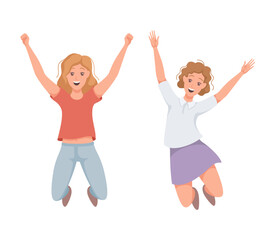 Happy Woman Character Jumping with Raised Hands Vector Set