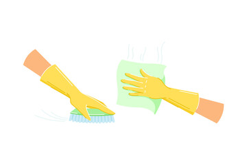 Hand in Yellow Glove Cleaning Floor with Brush and Rubbing with Wipe Vector Set