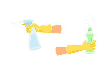 Hand in Yellow Glove Cleaning with Spray Detergent Bottle Vector Set