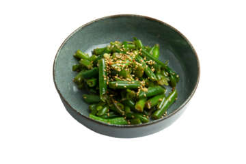 Fried bean pods in a plate. transparent. View from above.