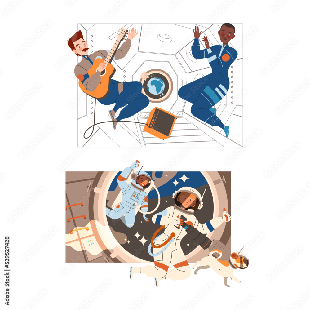 Aufkleber man and woman astronaut character in outer space in spacesuit flying on space shuttle vector set