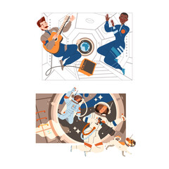 Man and Woman Astronaut Character in Outer Space in Spacesuit Flying on Space Shuttle Vector Set