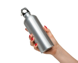 Reusable iron water bottle in a woman's hand, red nail polish